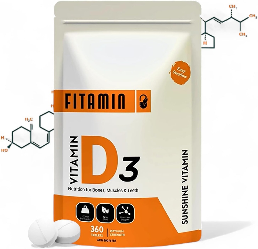 Vitamin D3 1000iu - 360 Easy-Swallow Tabletten für starke Knochen, Gesunde Zähne, Immunsystem Unterstützung & Muskelfunktion - Natürliche Vitamin D Ergänzung - 1 Jahr Versorgung für Männer, Frauen & Senioren