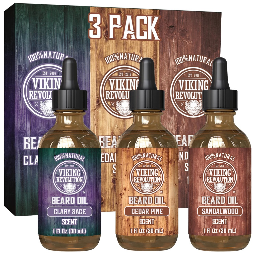 Viking Revolution Beard olio per gli uomini 3 Pack - Natural Mens Beard olio Varietà Set - Sandalo, Pino e Cedro, Clary Sage Scents - Beard Condizionamento e idratante per un Cuscinetto sano (3 Pack, 1oz)