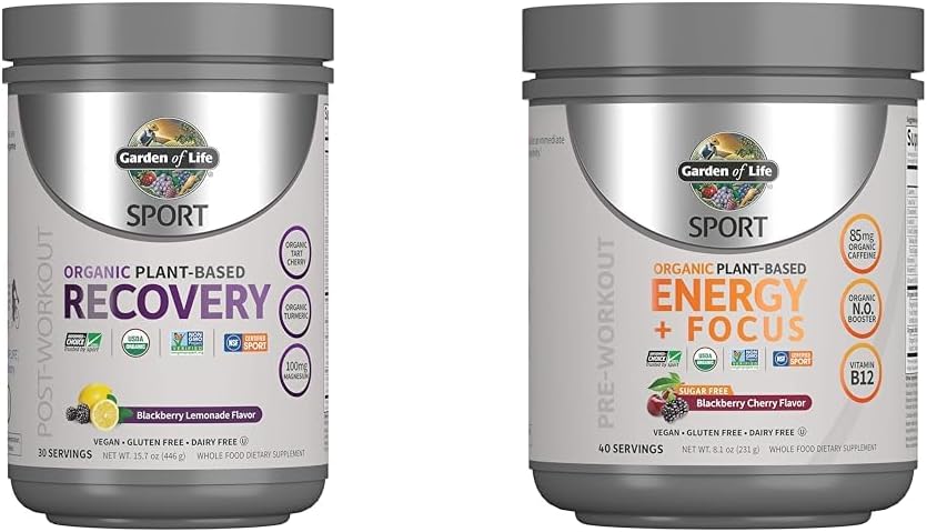 Garten des Lebens Vegan Bio-Pflanzen-basierte Post Workout-Recovery-Pulver, 30 Servierungen, 15.7 Oz & Pre Workout-Energie-Pulver, 40 Servierungen, 8.14 Oz Bundle