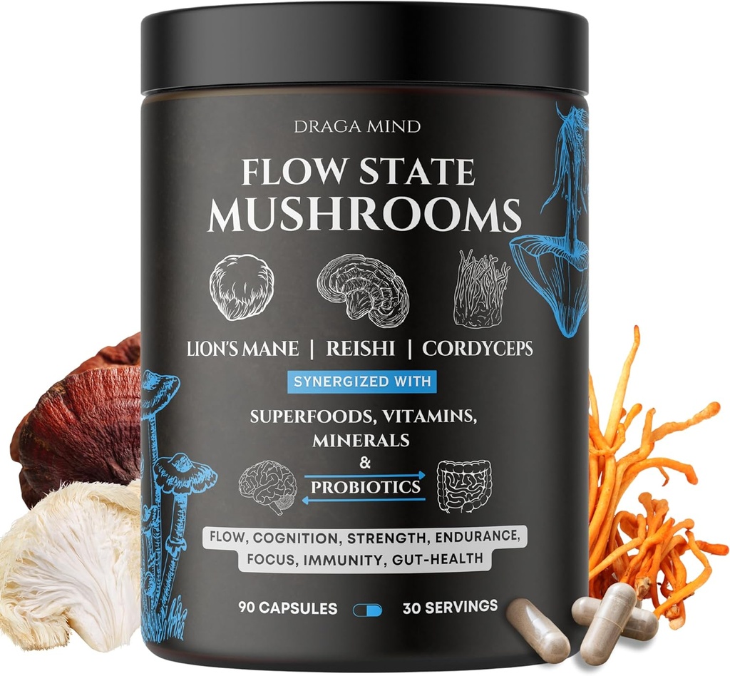 Flow Mushroom Complex con Super Foods, Vitamine e Minerali | Cordyceps, Lions Mane and Reishi Extract | Shilajit, Ashwagandha, Astaxanthin, Vitamina D3 + K2, Magnesio L threonate