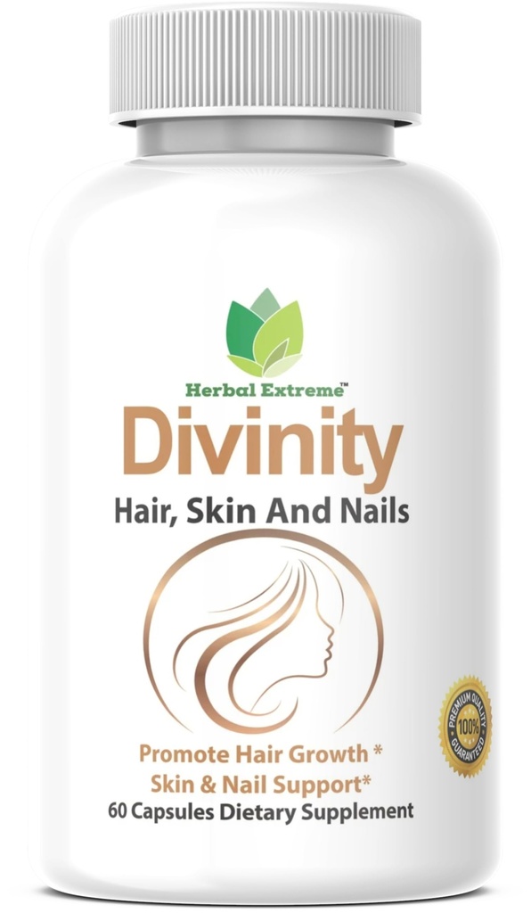Divinity Hair, Skin and Nails 60 Kapseln 5000 mcg Biotin P-Aminobenzoesäure, Pferdeschwanzextrakt, Fo-Ti, Bamboo Extrakt, Stinging Nettle, Chinesische Peony, Spirulina, Saw palmetto
