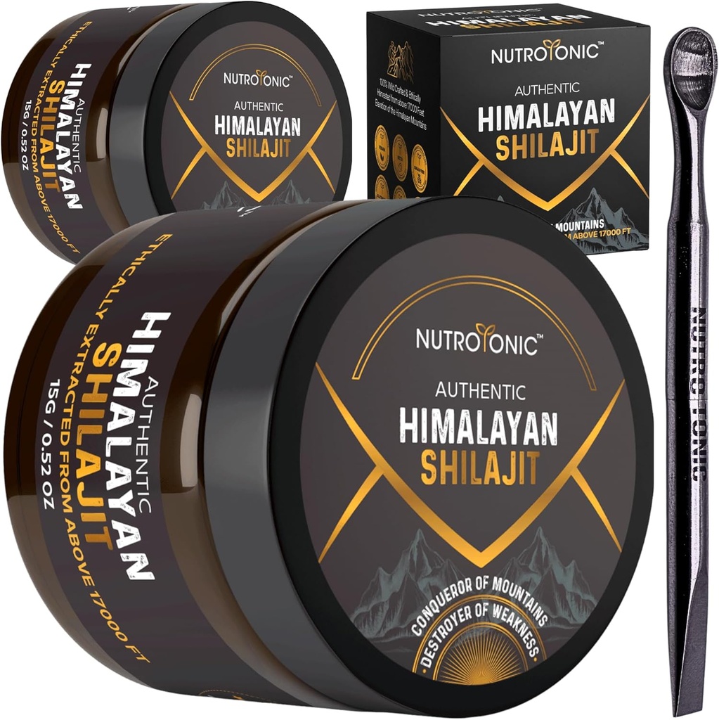NutroTonic® Authentic Himalayan Shilajit Resin für Herren & Frauen - Gold Grad 86% Fulvic Acid - Wild Crafted +17000 FT – 40x Nano gefiltert & Sun getrocknet - 3. Party Lab getestet - 15g Jar (Pack von 2)