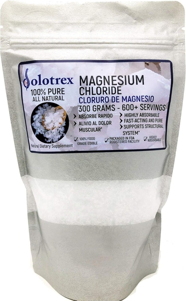 Cloruro de Magnesio 100% puro Magnesio cloruro alimentare Grado 300 Grammi Magnesio commestibile altamente assorbibile per uso quotidiano come supplemento o olio di magnesio fino a 600 Serve 10.58 Oz
