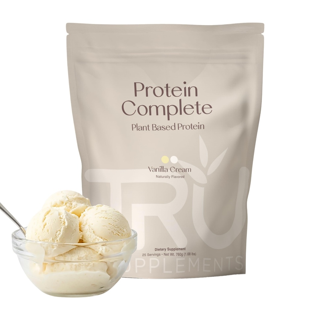 TRU-Ergänzungen Pflanzenbasiertes Proteinpulver, BCAA, EAA, 20g Vegan Brown Rice & Pea Protein, 100 Kalorien, 27 Vitamine, keine künstlichen Aromen 25 Servierungen (Vanilla)