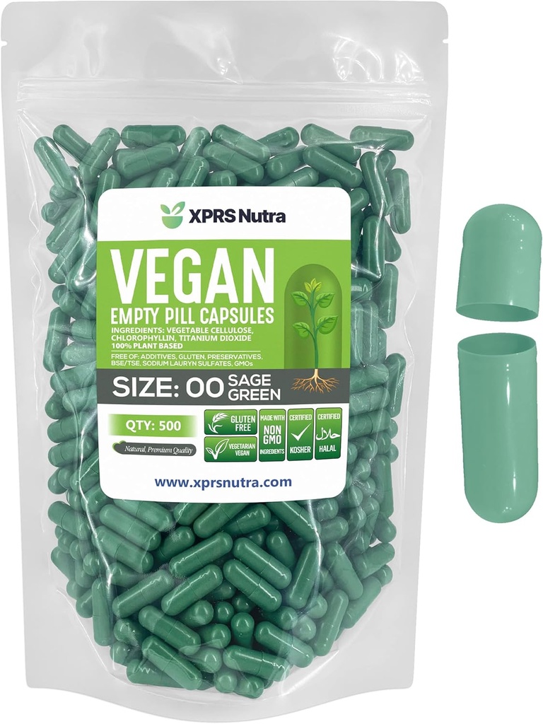 XPRS Nutra Size 00 Empty Capsules - 500 Count Empty Vegan Capsule - Pillole Vuoto Vegetariano - DIY Capsule Verdura Filling- Veggie Pill Caps (Sage Green)