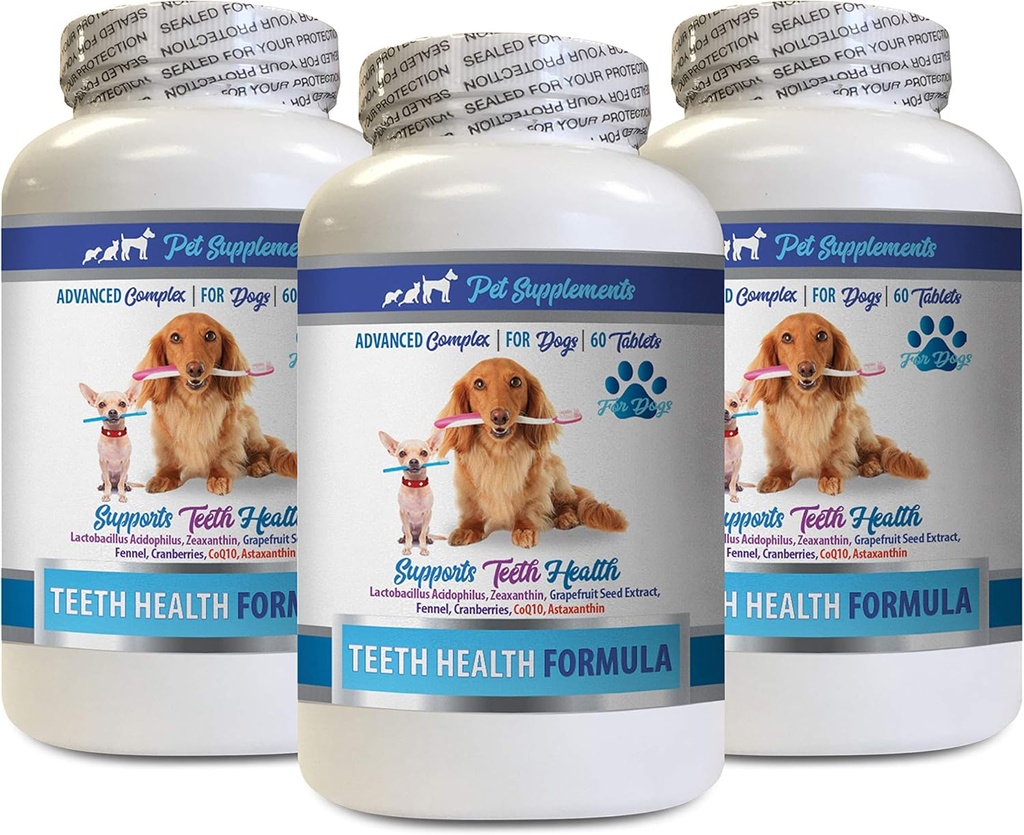 Dog Bad Breath Products - Dog Deeth Health Formula - Complexe de soutien avancé - Santé globale - coq10 pour chiens à croquer - 3 bouteilles (180 comprimés)
