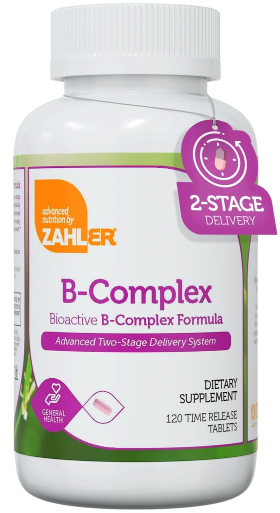 Zahler B-Complex Vitamines pour les femmes et les hommes - Complexe Vitamine B - Complexe Vitamines B avec B1 B2 B3 B5 B6 B7 B9 B12 - Système avancé de livraison à 2 étages - Casher sans gluten non-OGM VIT B (120 comprimés)