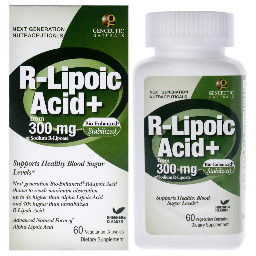 Genceutic Naturals R-Lipoic Säure Nahrungsergänzungsmittel | Vegetarisch | Vegan | Glutenfrei | Non GMO | 300mg (60 Kapseln) | Einzelzähler