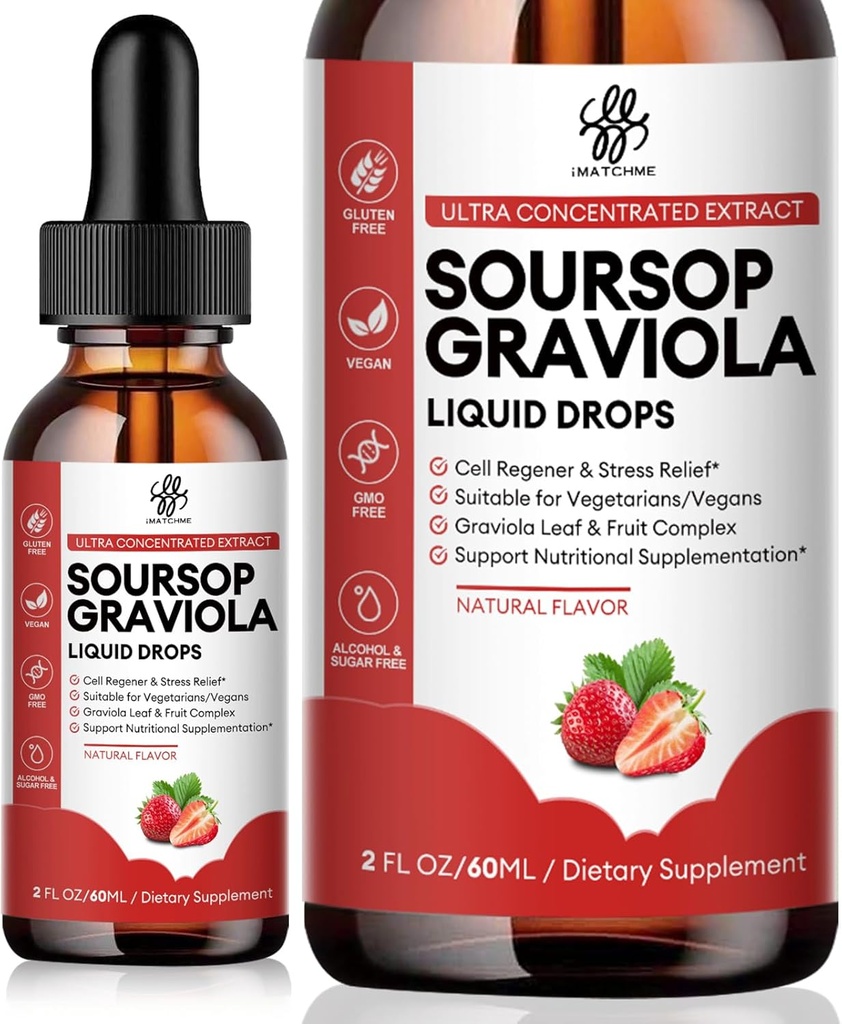 iMATCHME Soursop Graviola Liquid Drop, Soursop Bitters Liquid, Natural Soursop Leaves & Fruit Complex for Overall Wellness, Sugar/Caffeine/Gluten Free, Erdbeer Flavor, 2 Fl Oz