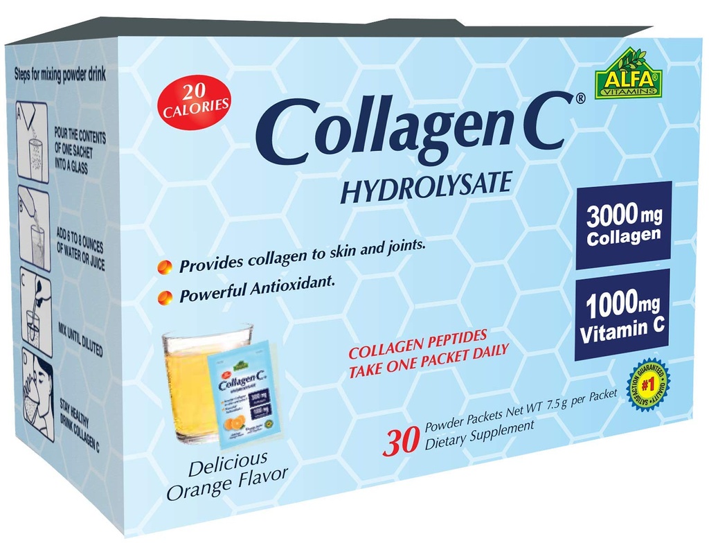 CollagenC® Collagen Peptides Hydrolysate Powder Supplement - Premium Quality Source of Antioxidants - per il supporto immunitario, pelle, capelli, unghie e giunti supportano 30 sachets Pack