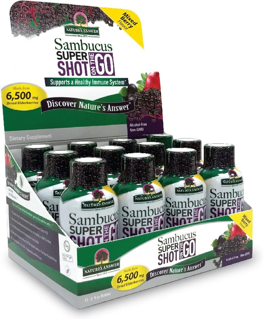 Réponse de la nature Sambucus Immune Voyage Shoot (12 Pack) Elderberry sur le Go. 2oz. Sans alcool Sambucus Black Elderberry Airplane/Travel Shot