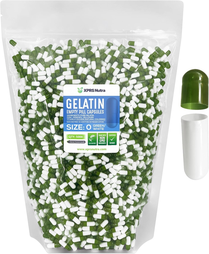 XPRS Nutra Größe 0 Leere Kapseln - 5000 Graf Leere Gelatine Kapseln - Pille DIY Kapselfüllung - Pure Bovine Pill Gel Kapseln für Do-It-Yourself Ergänzungen (Green/White)