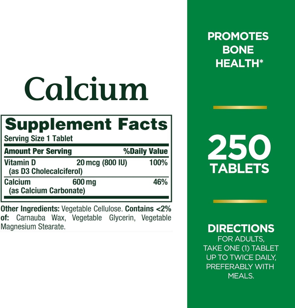 Nature's Bounty Calcium Carbonate & Vitamin D, unterstützt Immungesundheit & Knochen Gesundheit, 600 mg Calcium & 800IU Vitamin D3, 250 Tabletten (Pack von 2)