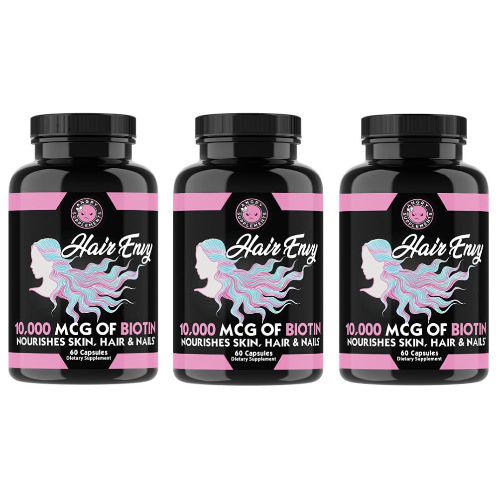 Angry Supplements Haar Neid 10.000 mcg Biotin + Keratin, Wachsen + Hydrate Haare, Stärken Siecken Nägel, Klare & Nourische Haut – Hilfe beschädigtes dünnes Haar, (3-Bottles)