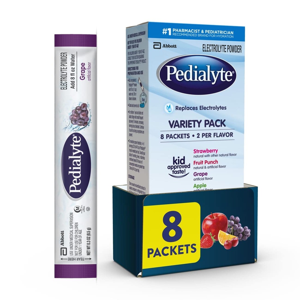 Pedialyte Electrolyte Powder | Bevanda di idratazione per bambini e adulti | Confezione di varietà: Uva, Limonata di fragole e Arancione, 8 pacchetti di polvere