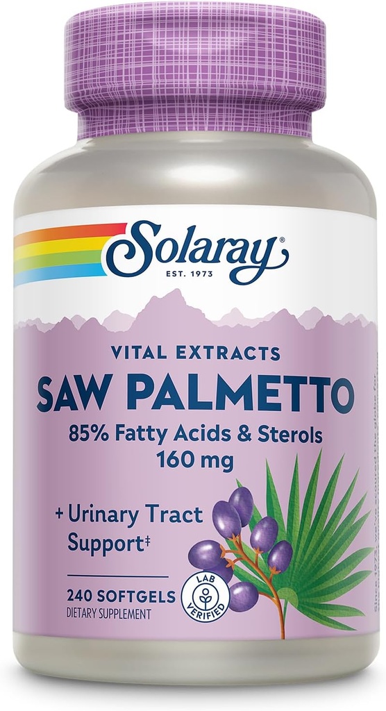 SOLARAY Saw Palmetto Extract - Prostate Health and Urinary Tract Support - 136 mg acidi grassi e Sterols - Lab verificato, 60-Day Money-Back Guarantee (240 Servings, 240 Softgels)