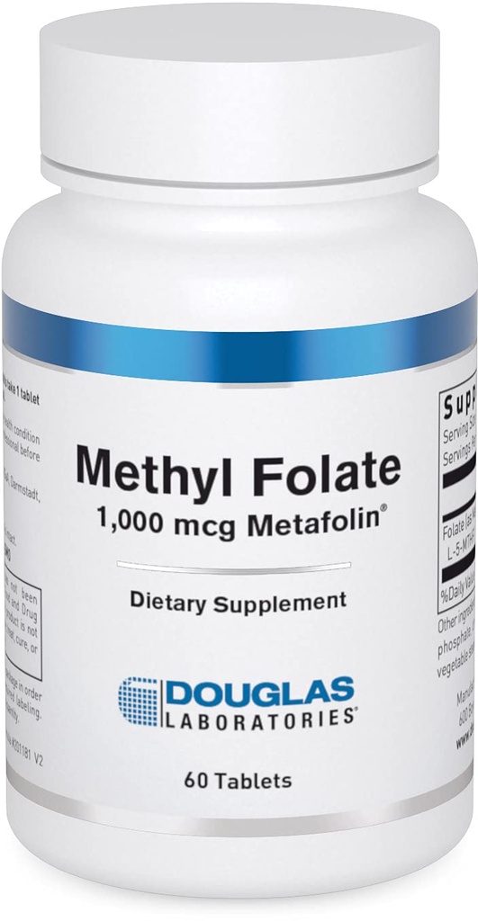 Laboratoires Douglas Folate de méthyle L-5-MTHF - 1 000 mcg de métafoline - Folate de vitamine B - soutient le métabolisme et le développement foetal de l'homocystéine* - Non-OGM - 60 comprimés