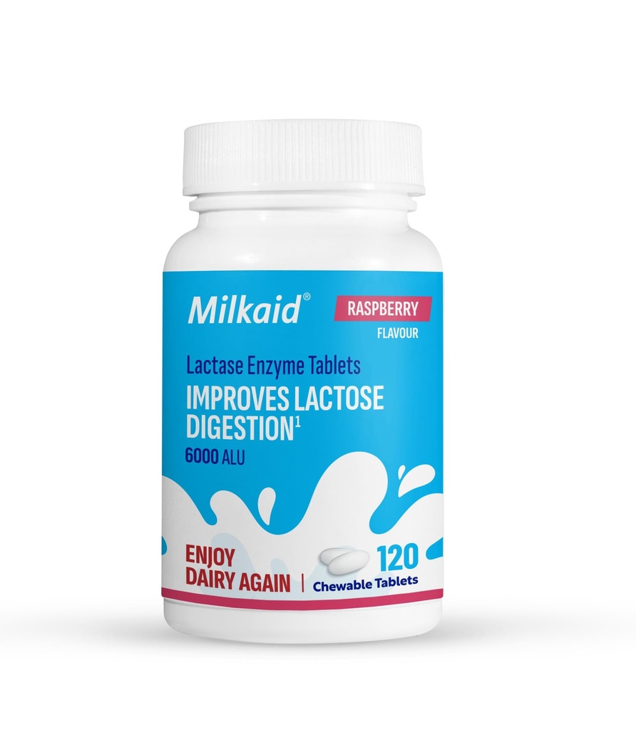 Laitaid Lactase Enzyme Comprimés à mâcher pour soulager l'intolérance au lactose (120 comprimés, framboise)
