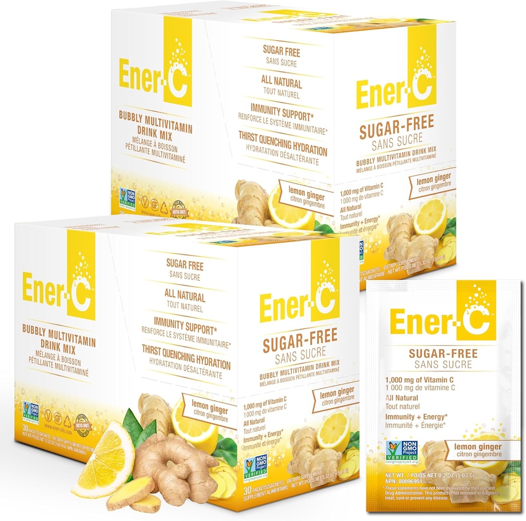 Ener-C Sugar Free Energy Lemon Ginger Multivitamin Drink Mix Vitamina C 1000mg & Electrolytes - Supporto naturale per l'immunità con polveri di succo di frutta reali - Non-GMO Vegan & Gluten Free - 60 Count