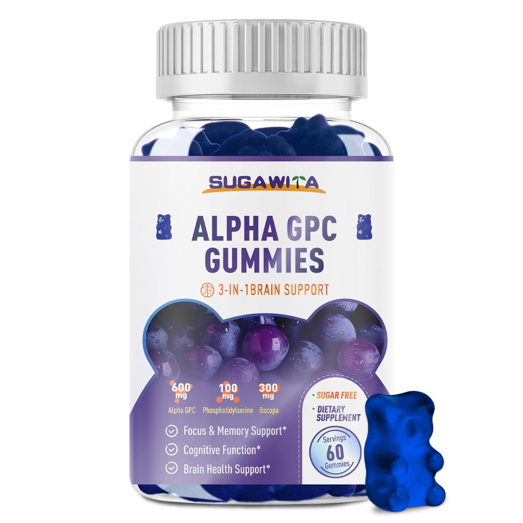 Alpha GPC Choline Gummie 600mg mit Phosphatidylserine & Bacopa – 3-in-1 Gehirn-Unterstützung für Gedächtnis, Fokus & Langzeitkognitive Gesundheit – Zuckerfreie, natürliche Formel, 60 Zähler