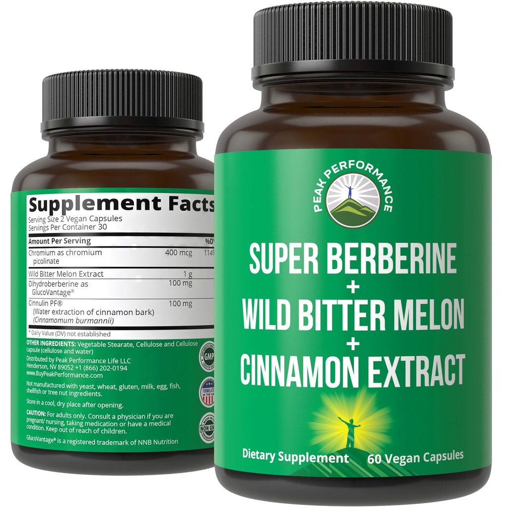 Ultra High Strength 4-In-1 Super Berberine patentierte GlucoVantage + Wild Bitter Melon + Cinnamon Extrakt + Chrom Picolinate Vegan Kapseln. Große Ergänzung zur Unterstützung von After-Meal Spikes und Energie