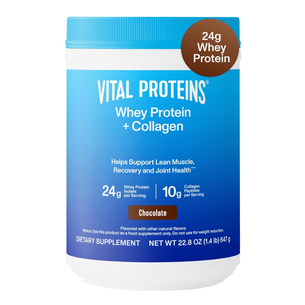 Vitalproteine Whey Protein Powder+ Collagen Peptide, 24g Protein Unterstützung Erholung & Gelenkgesundheit, mit Vitamin C, Über 16 Servierungen - Schokolade 22.8oz