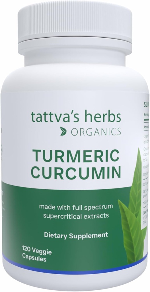 Tattva Erbe Curcumina Turmerica 500 mg, Integratore di erbe per il supporto antiossidante, Curcumina di curcuma con pepe nero per assorbimento avanzato, 1 confezione, 120 capsule vegetali
