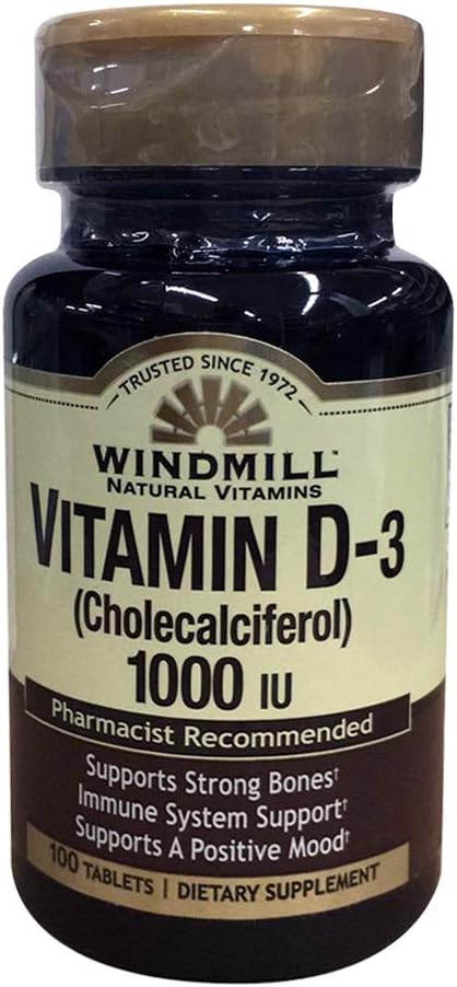 Windmühle Natürliche Vitamine Vitamin D-3 Cholecalciferol 1000IU Nahrungsergänzungsmittel 100 Tabletten (Pack von 2)