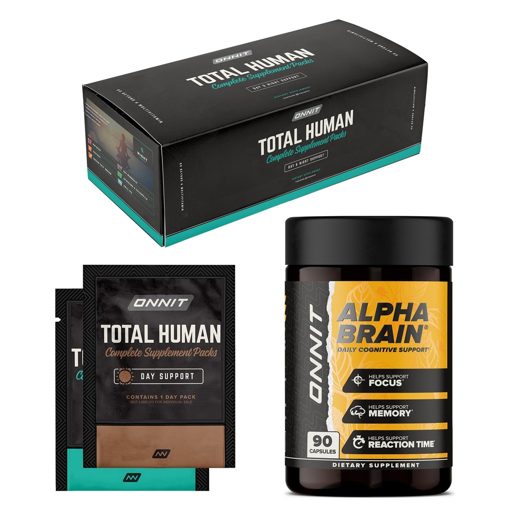 ONNIT Premium Alpha Brain Bundle - Nootropic Brain Supplement (90 Count) für Fokus, Konzentration und Gedächtnis + Gesamt Mensch Tag und Nacht Vitamin Packs für Männer und Frauen (30-Tage-Versorgung)