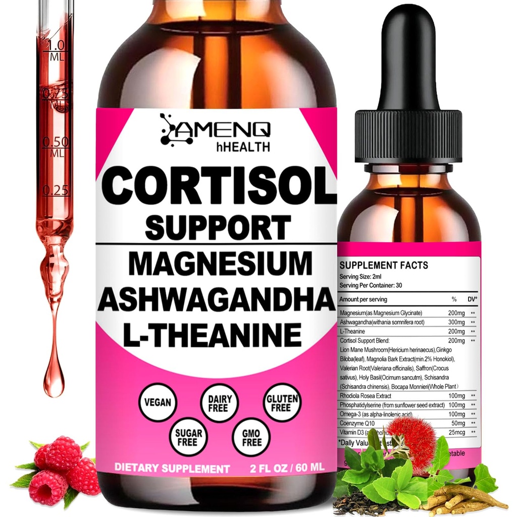 Supplément de cortisol gouttes liquides, 17-en-1 Réducteur de cortisol w. Ksm-66 Ashwagandha Theanine Rhodiola Rosea Magnésium Phosphatidylsérine, Hormone équilibré et Cortisol inférieur pour les femmes Calme* Relaxation