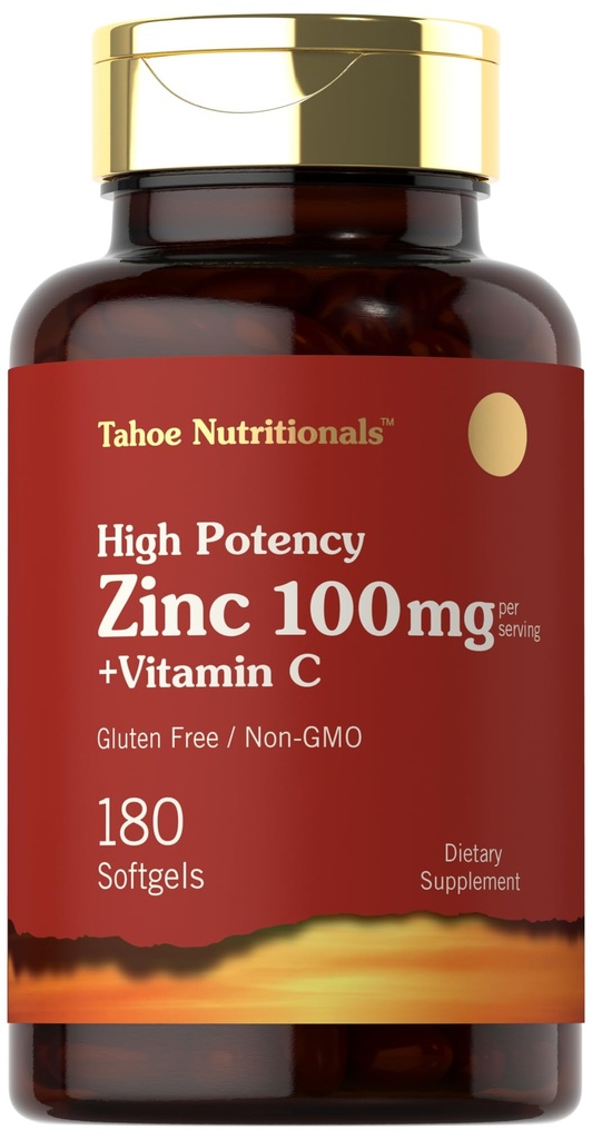 Carlyle Zinc Supplement 100mg with Vitamin C | 180 Softgels | Non-GMO, Gluten Free | Tahoe Nutritionals