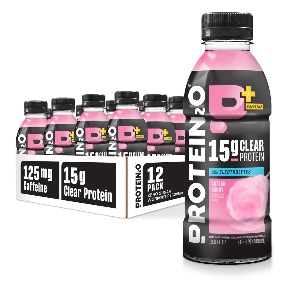 Protein2o 15g Whey Protein Isolate Hydration Drink Plus Energy & Focus, 350mg di Electrolytes, Vitamine B5 & B6, Sugar Free, Cotton Candy, 16.9 oz Bottiglia (Pack of 12)