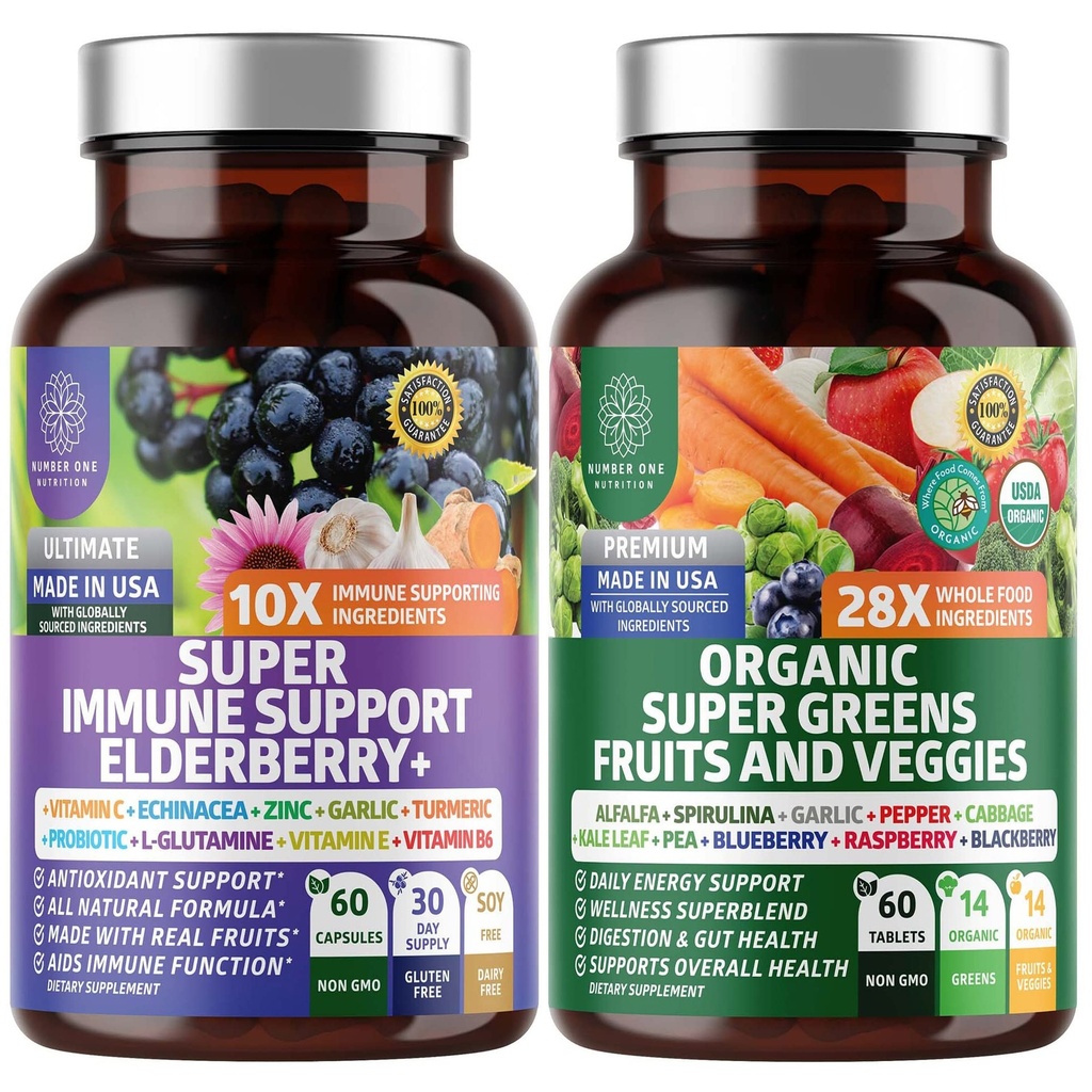 N1N Premium Organic Super Fruits & Veggies + Supporto Immune [38 Ingredienti Potenti], Integratore Naturale Super Greens con Alfalfa, Vitamine & Minerali, Zinco, Turco e Probiotico, 120 Caps