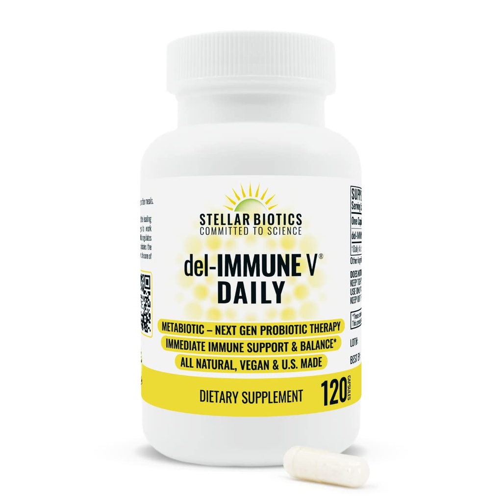 Del-Immune V® Daily by Stellar Biotics, All-Natural Immmune Support & Gut Health, Soins immédiats, Métabiotique: NextGen Probiotic Therapy (120 capsules)