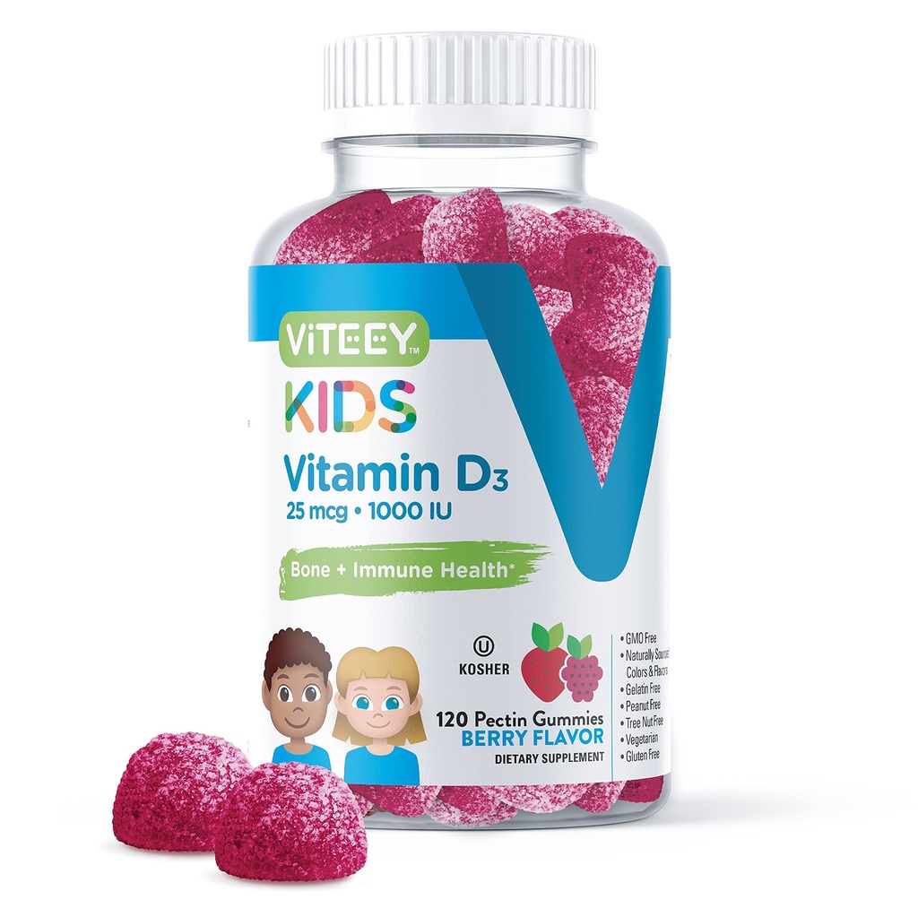 Viteey Vitamin D3 Kids Gummies 25mcg 1000 IU - Knochengesundheit, Immungesundheit, Gelenkmuskelunterstützung - Vegetarisch, Gelatinfrei, Glutenfrei, GMO Free - Tasty Chewable Berry Flavored