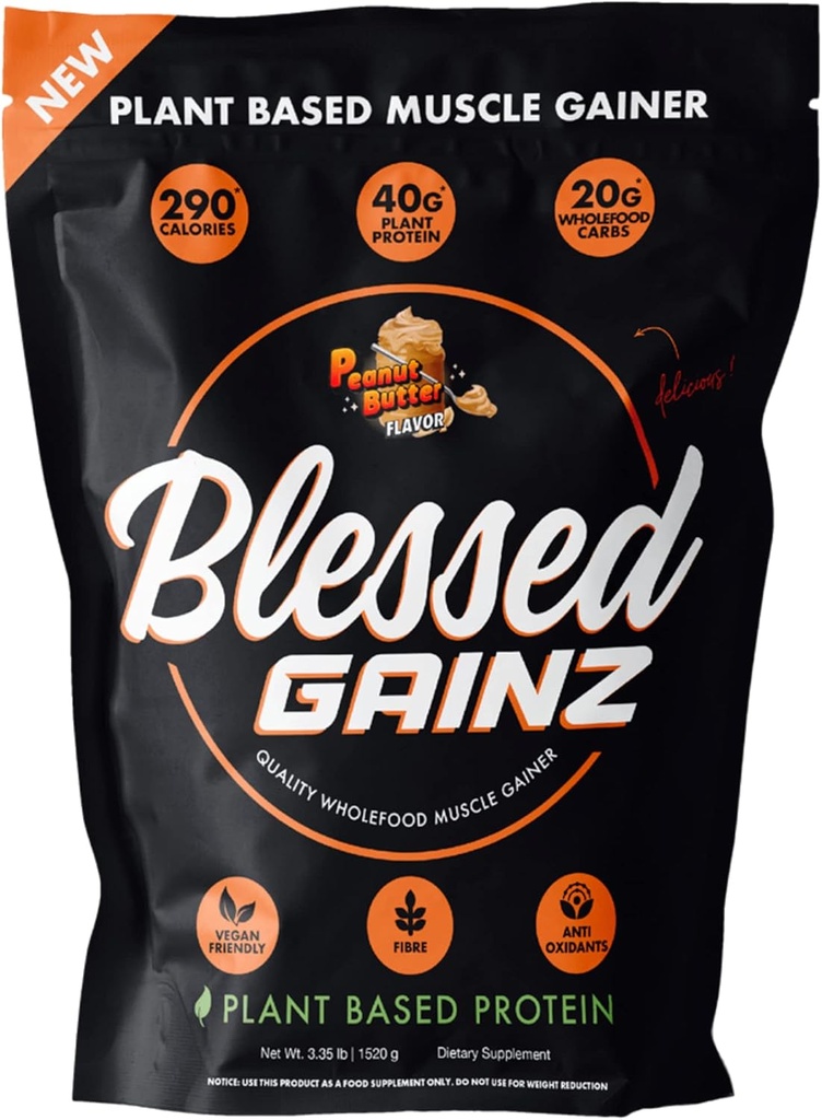 BLESSED Gainz Vegan Protein Powder Mass Gainer - Polvere di proteine a base di piante 40g - Shake di sostituzione del melo con polvere di proteine di Pea - Shake proteica vegana - 40 Servings ( burro di arachidi)