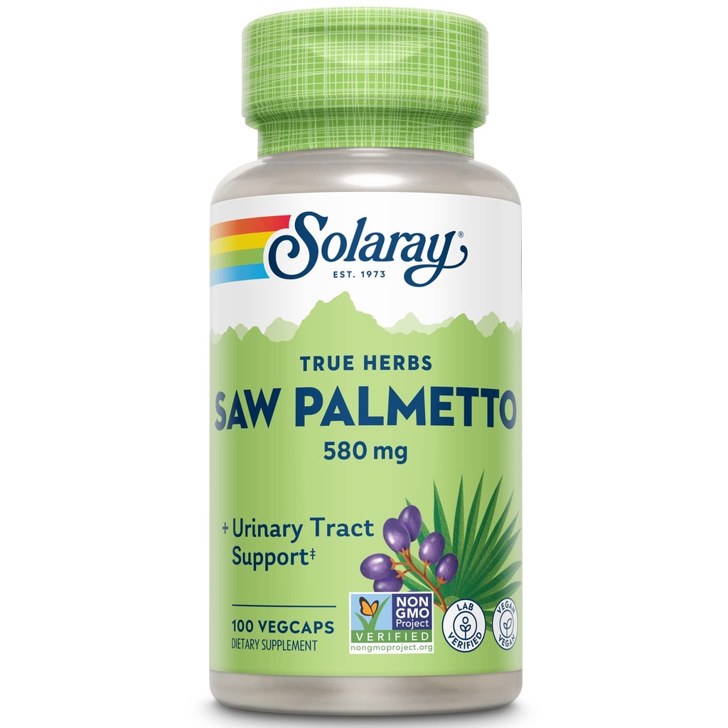 Solaray Saw Palmetto Berry 580 mg, Prostate santé et traitement urinaire de soutien des acides gras et des stérols végétaux pour les hommes et les femmes, non OGM, végétalien et laboratoire vérifié, 100 VegCaps, 100 portions