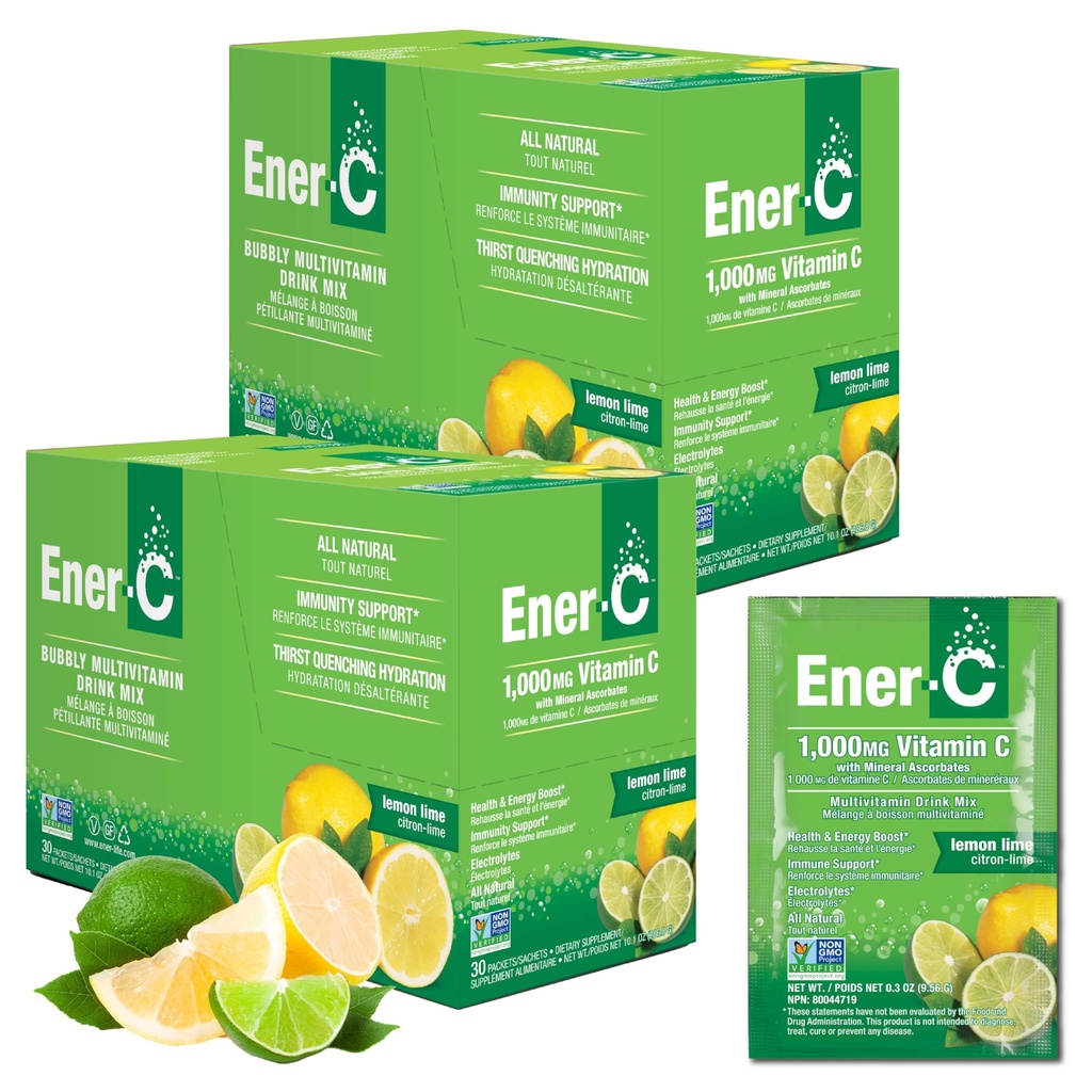 Ener-C Multivitamin Drink Mix - Vitamine Packets per acqua, Electrolytes Powder Packets, Vitamin Drink Mix, Hydration Liquid Mix, Booster immunitario per adulti, Energia sana - Lime di limone, 60 Conte