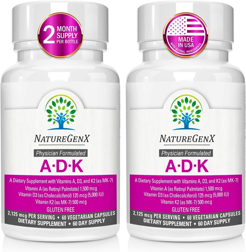 Supplément de vitamine ADK - Santé des os améliorée avec des vitamines de haute puissance A, D3, K2, sans gluten, 60 capsules (paquet de 2)