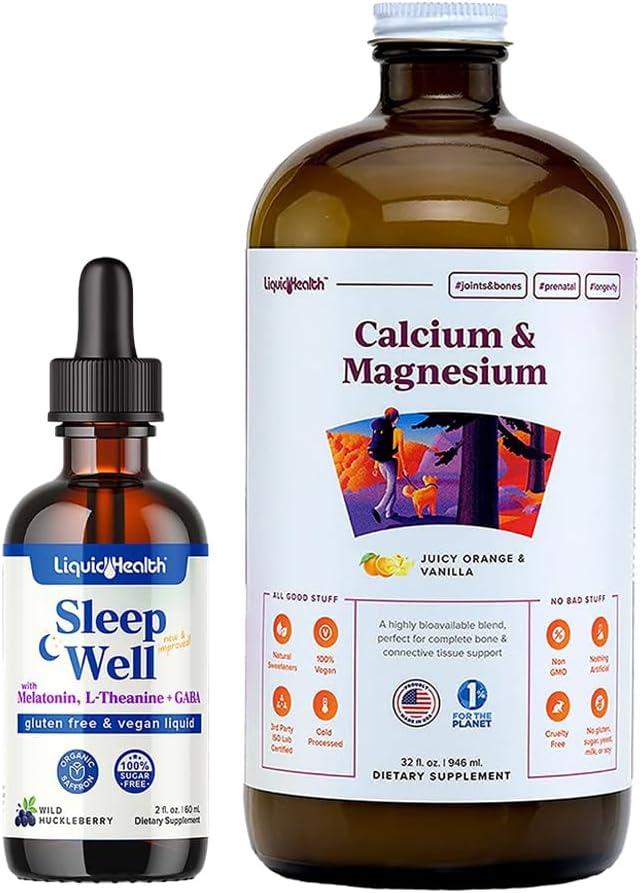 LIQUIDHEALTH Sleep Well Melatonin Drops & Calcium e Magnesio Liquid Joint Supplement Bundle - Natural Herbal Sleep Aid, promuove il rilassamento, Bone, Tissue, & Joint Support - USA Made, Vegan, Non OGM