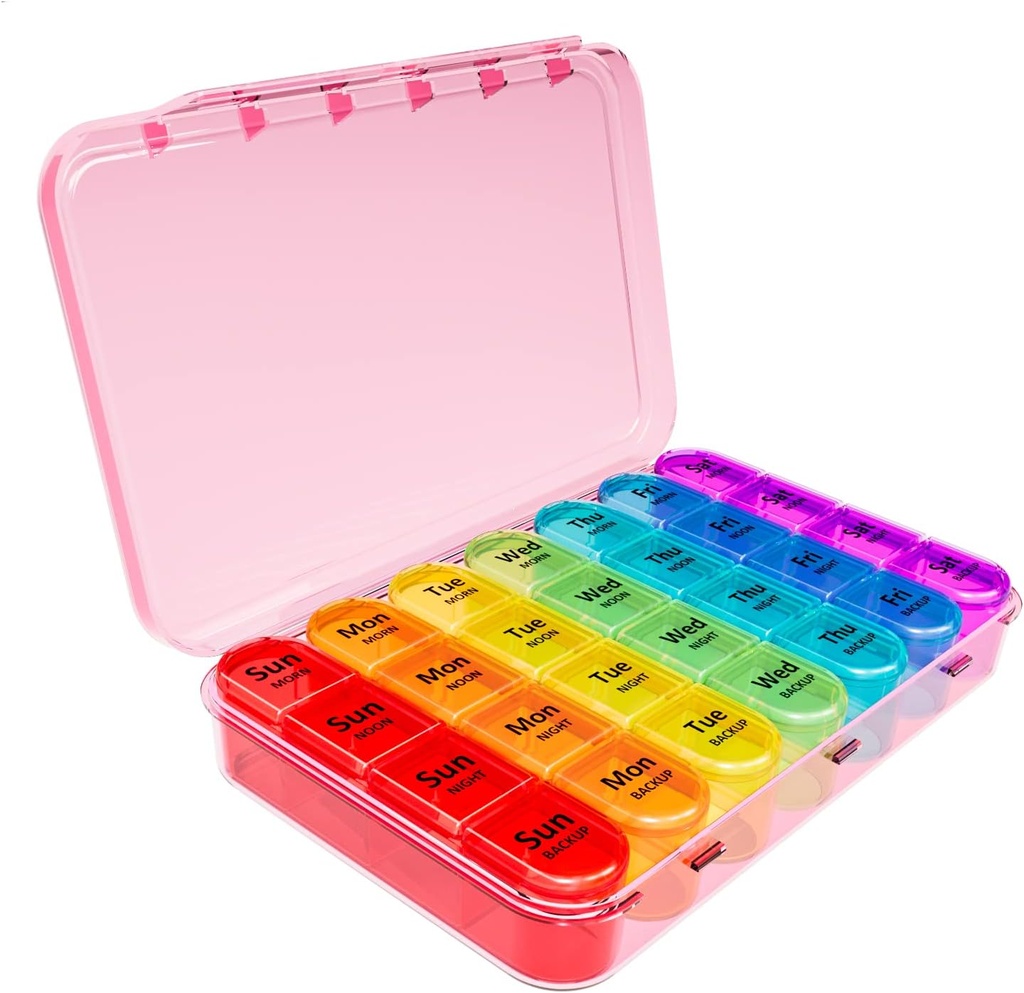 Daviky Weekly Pill Organizer, 7 jours Pill Organizer 4 fois par jour, quotidien Pill Box 7 jour, grand voyage Pill Box avec cas de pilule amovible pour tenir la vitamine, le supplément et les médicaments (Pink)