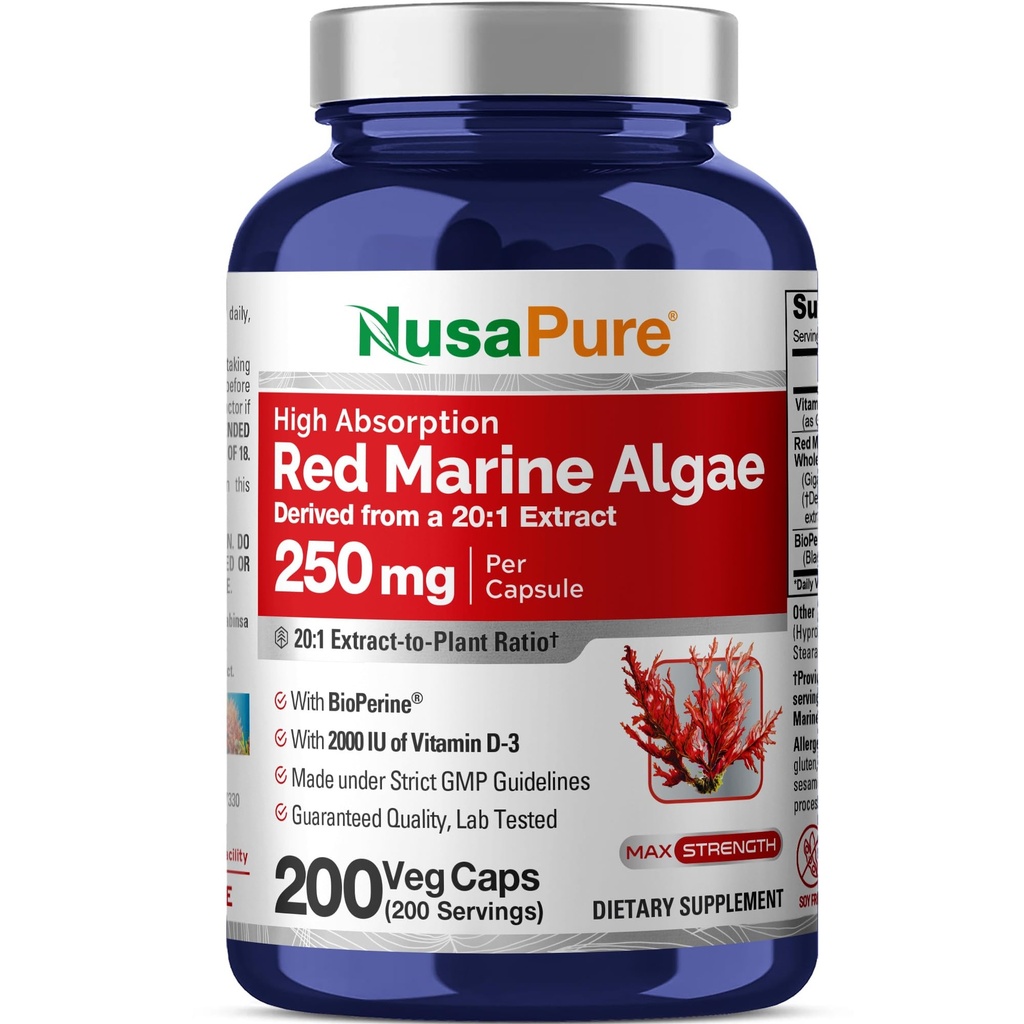 NusaPure Red Marine Algae 20:1 Extrakt, 250 mg Äquivalent zu 5.000 mg 200 Veggie Kapseln (Non-GMO & Soy Free) Bioperine