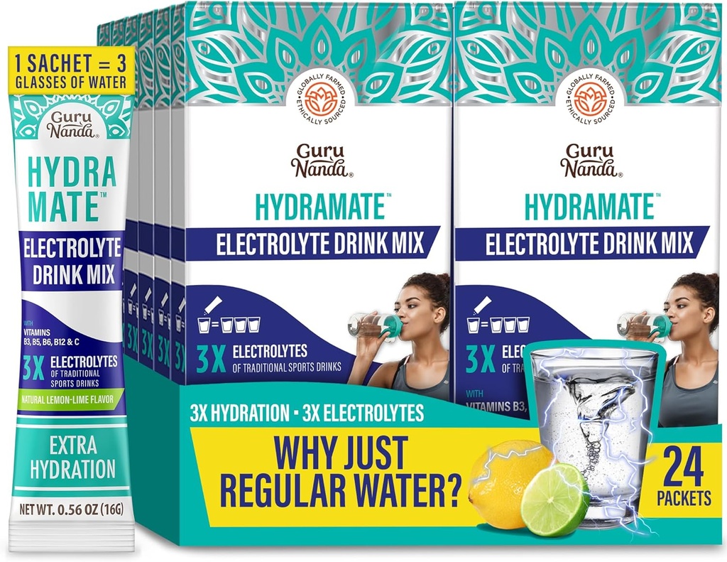 GuruNanda Hydramate Hydration Support Drink Mix - Electrolyte Powder Packets for Dehydration, Exercise & Energy - Nessun Addobbinamento aggiuntivo, Non OGM, Natural Lemon Lime Flavor - 24 Count (0.56 oz Ogni)