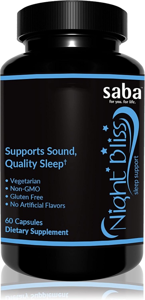 Saba Night Bliss Natural Sleep Aid | Non-Habit Forming | Sleep Supplement for Longer Sleep & Stress Relief w/Magnesium, Melatonin, GABA, Kamille, & Valerian (60 Vegan Kapseln, 30 Tage Versorgung)