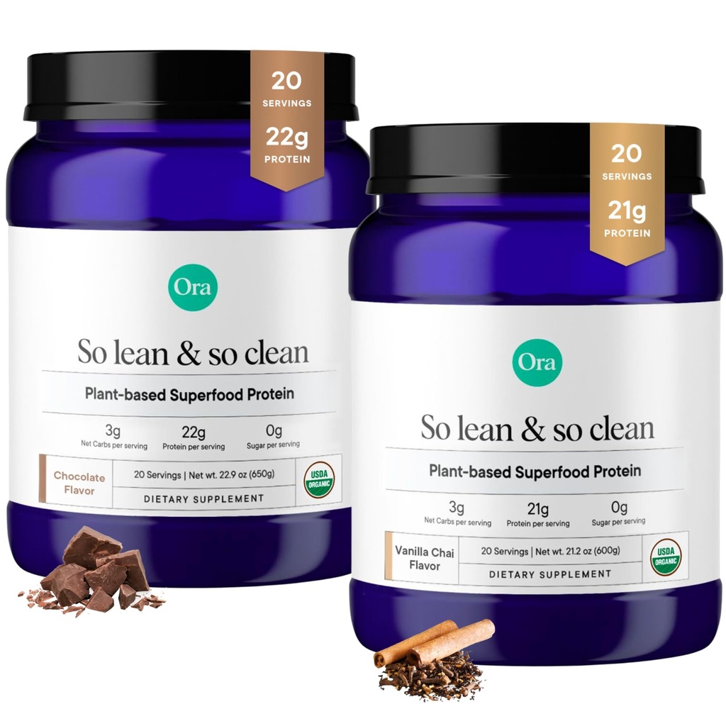 Ora Organic Vegan Protein Powder Vanilla Chai & Chocolate Bundle: Polvere proteica a base vegetale 21g, Vanilla Chai Flavor, 20 Servings + 22g Proteine a base vegetale, Cioccolato Flavor, 20 Servings