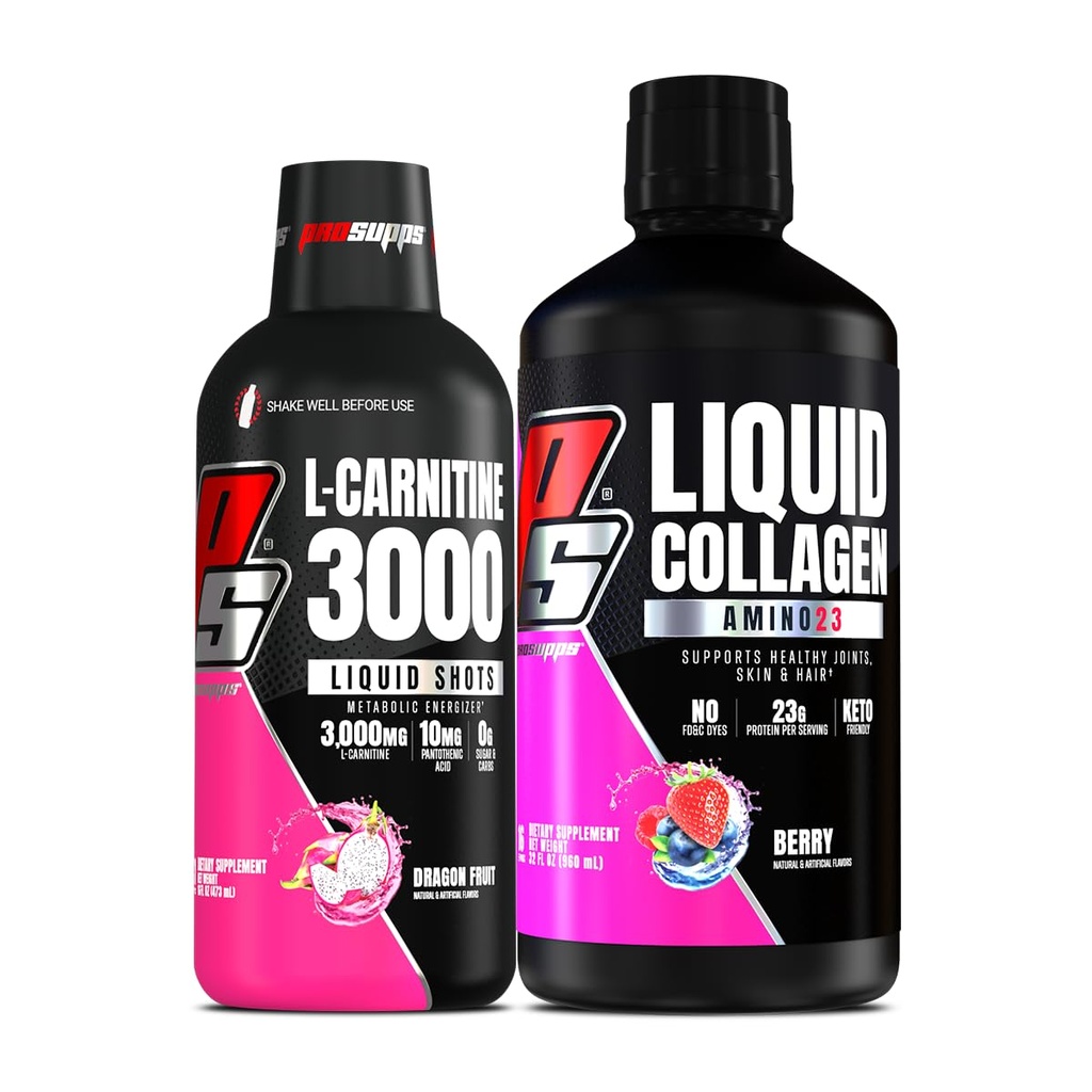 PROSUPPS L-Carnitine 3000 Stimulant Coups liquides libres (fruits dragon) Amino23 Coups de collagène liquides (Berry)