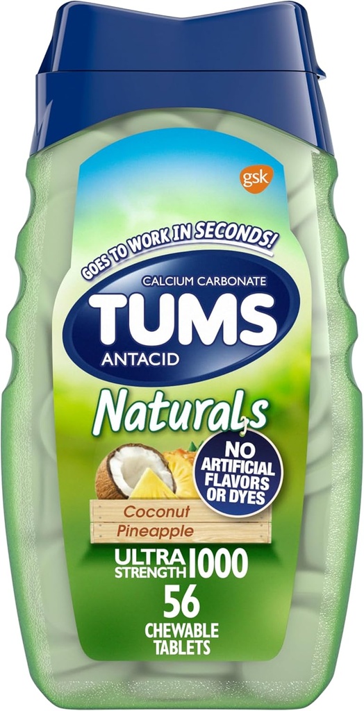 TUMS Naturals Chewable Ultra Strength Antacid Chews for Heartburn Relief, Ananas de coco - 56 Compte