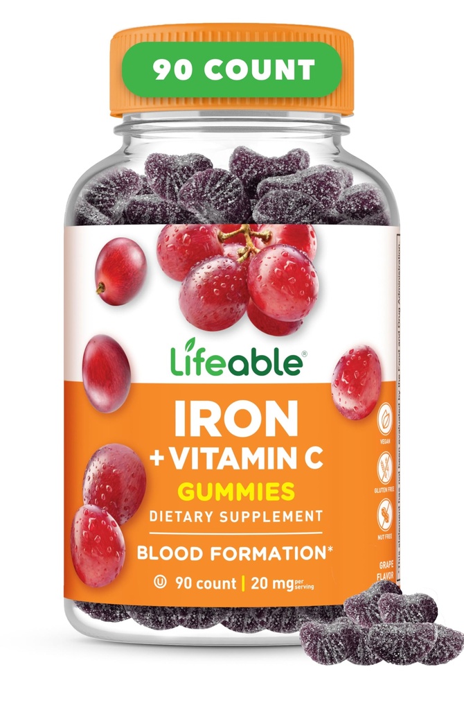 Lifeable Iron Gummies | 20mg | with Vitamin C | Great Tasting Blood Builder Iron Supplement | Iron with Vitamin C for Iron Deficiency | Iron Gummies for Women, Men, Adults | 90 Gummies