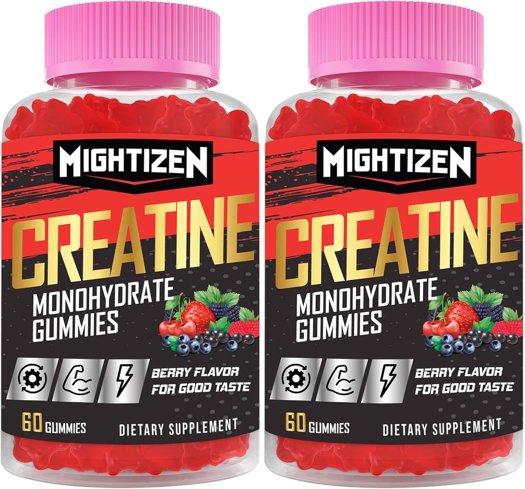 Créatine pour hommes et femmes Créatine Monohydrate Gommies, Créatine Monohydrate par portion avec Taurine et vitamine B12, Pré-entraînement pour Max Strength, Energy & Endurance - 2 Pack