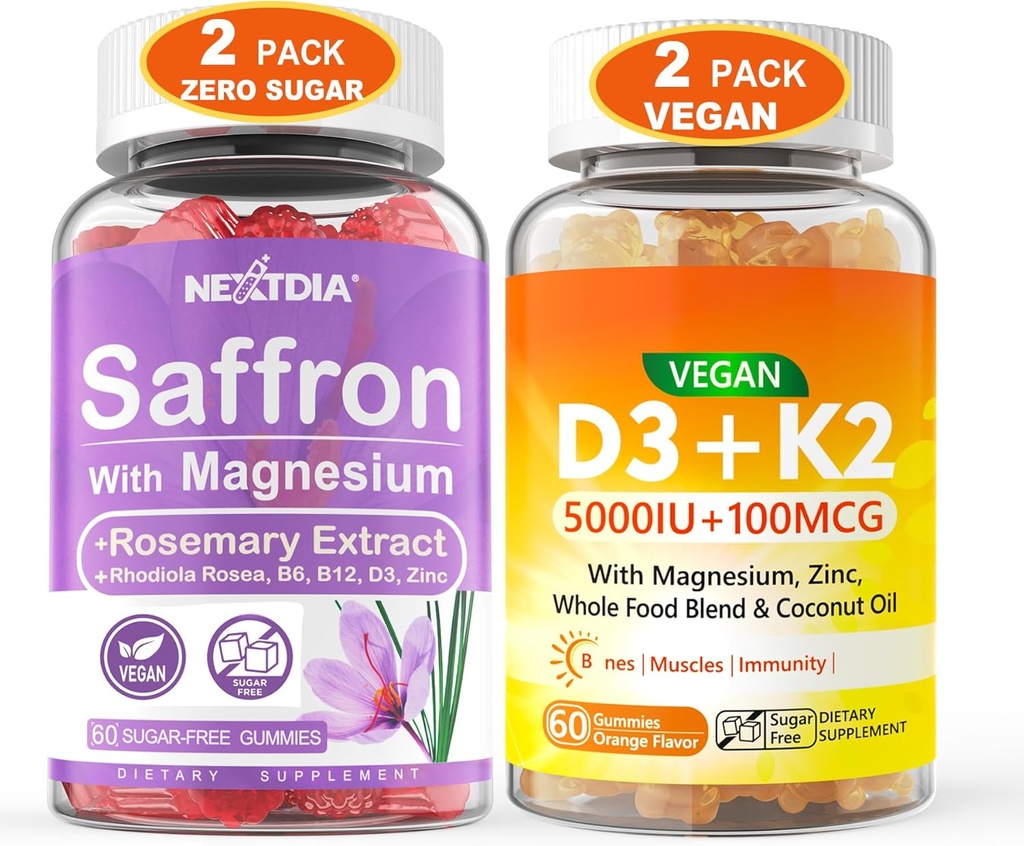 2Pack Saffron Supplementi Gummies + 2Pack Vegan Vitamin D3 5000IU K2 Gummies, Tutta la miscela alimentare, olio di cocco, magnesio